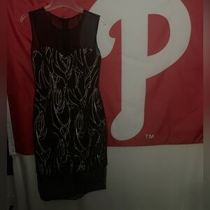 Milly Black Metallic Print Organza Detail Dress Sz 4 NWT